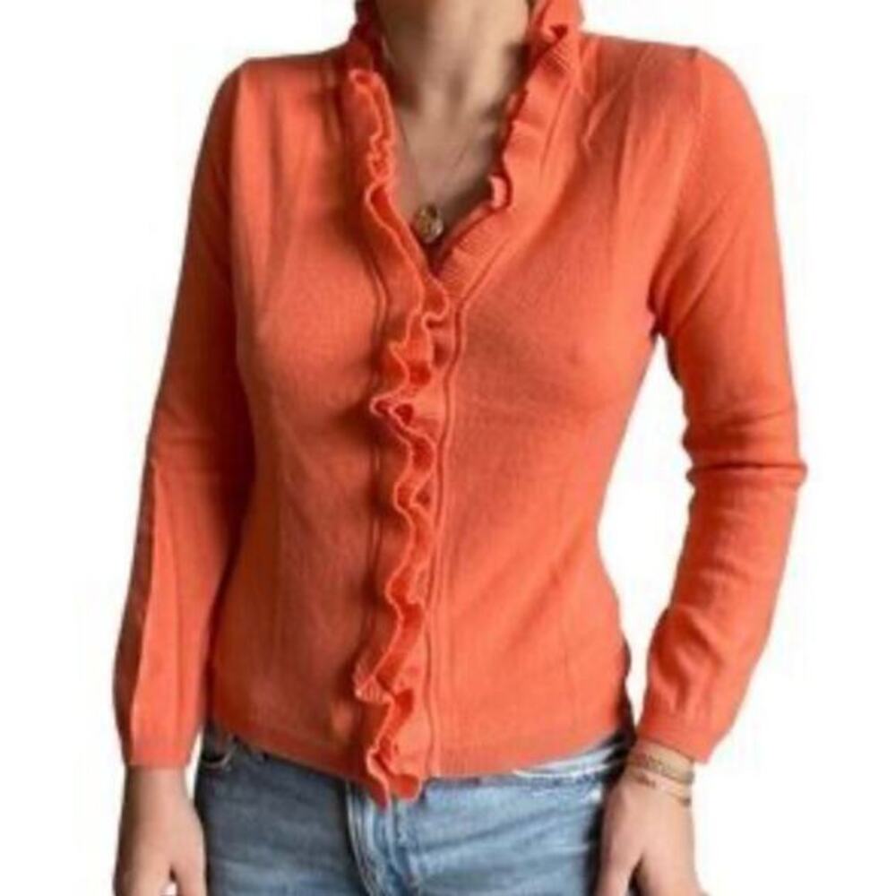 Garnet Hill 100% Cashmere orange Ruffle button Cardigan Sweater XS Extra Small